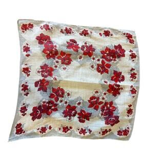 VINTAGE Retro Red Gray Floral Handkerchief Scarf Napkin